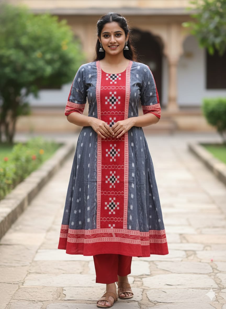 Grey Red Pasapali  Designer A-Line Anarkali