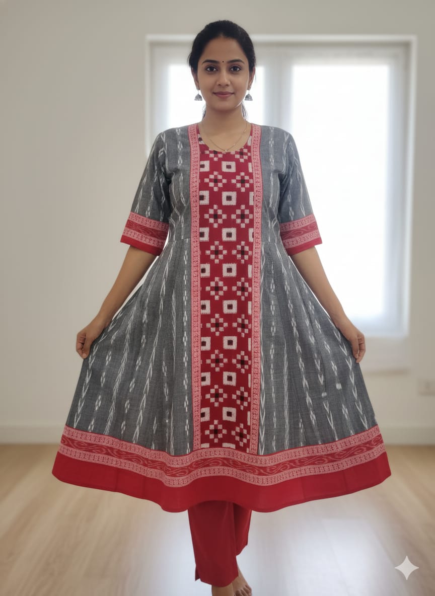 Grey Red Mini Pasapali  Designer A-Line Anarkali