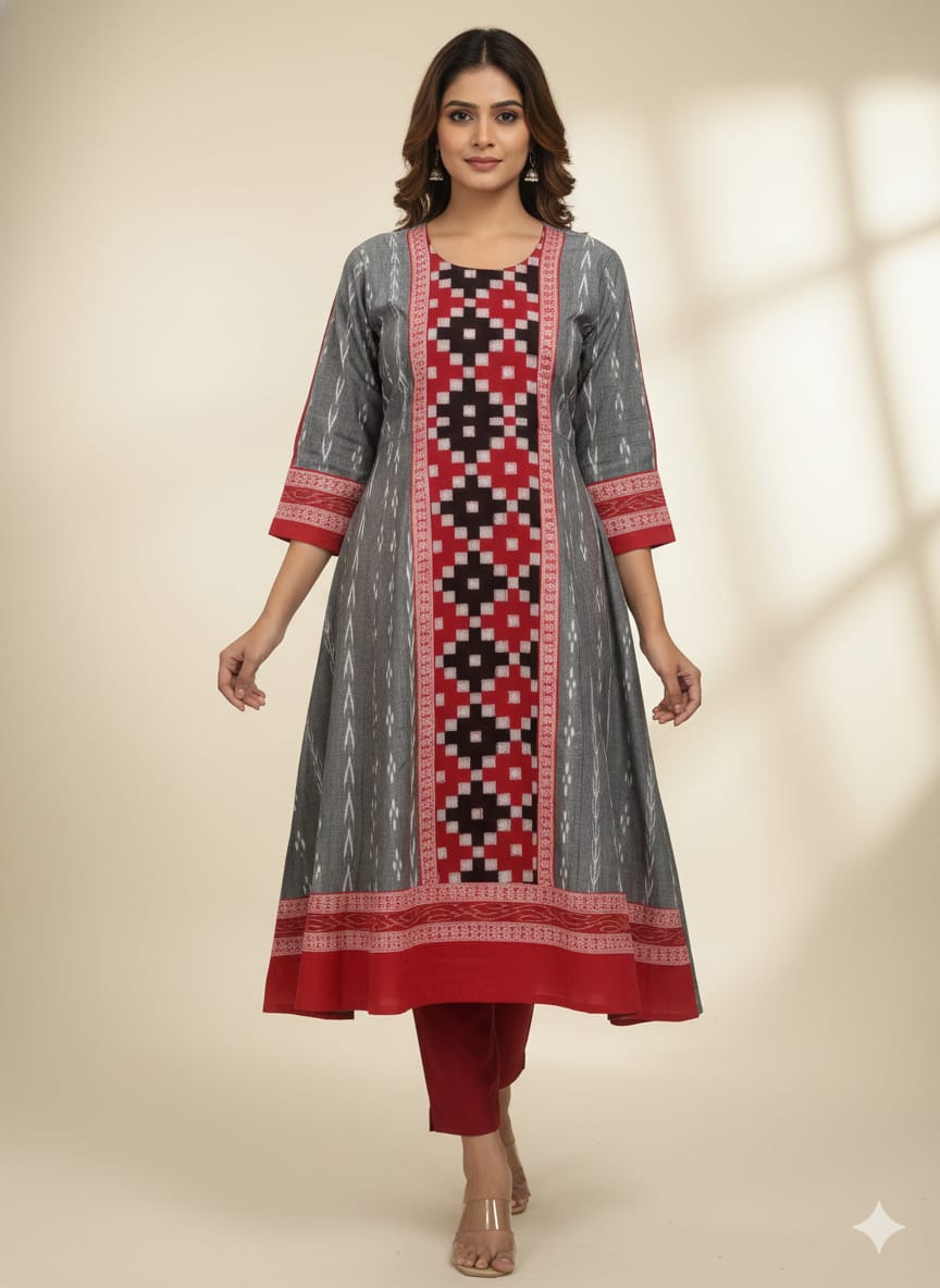 Grey Red Big Pasapali Designer A-Line Anarkali