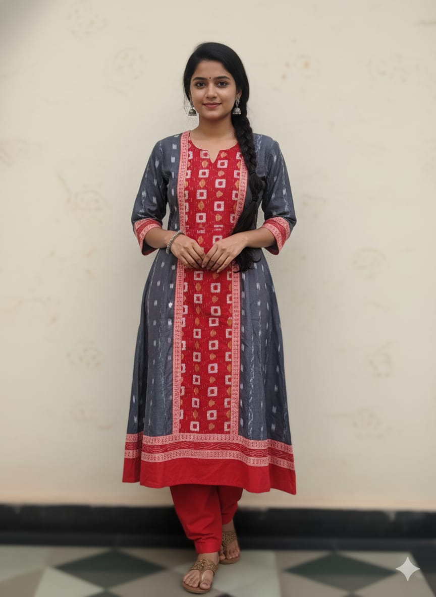 Grey Red Cube Pasapali Designer A-Line Anarkali