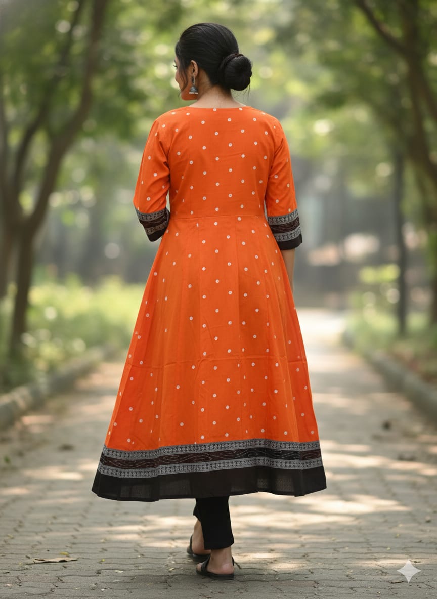 Orange Black Flower & Pasapali Designer A-Line Anarkali