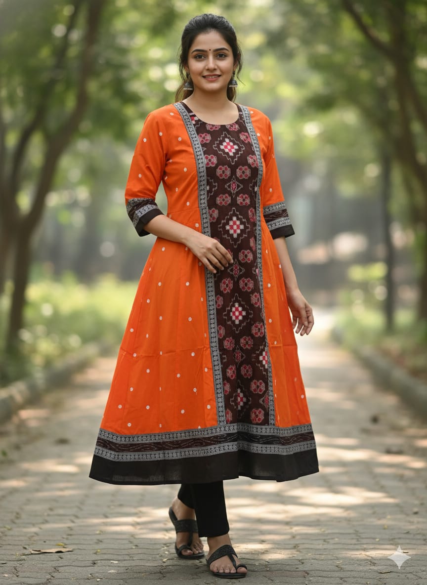 Orange Black Flower & Pasapali Designer A-Line Anarkali