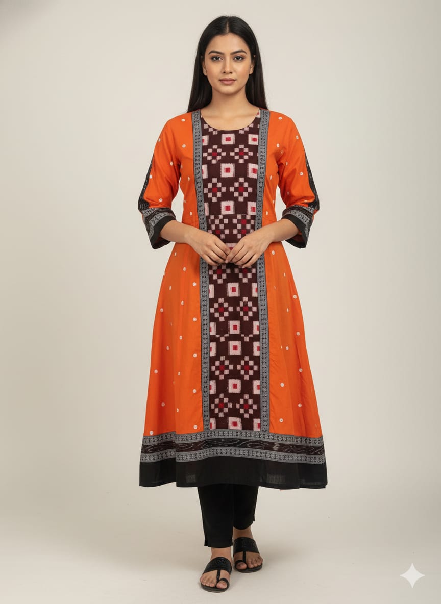 Orange Black Cube Pasapali Designer A-Line Anarkali