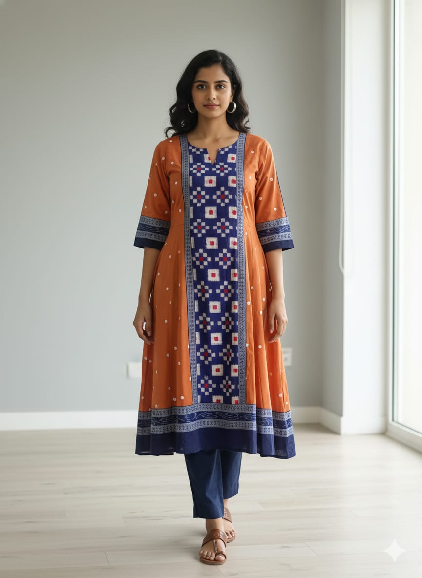 Rust Blue Mini Pasapali Designer A-Line Anarkali