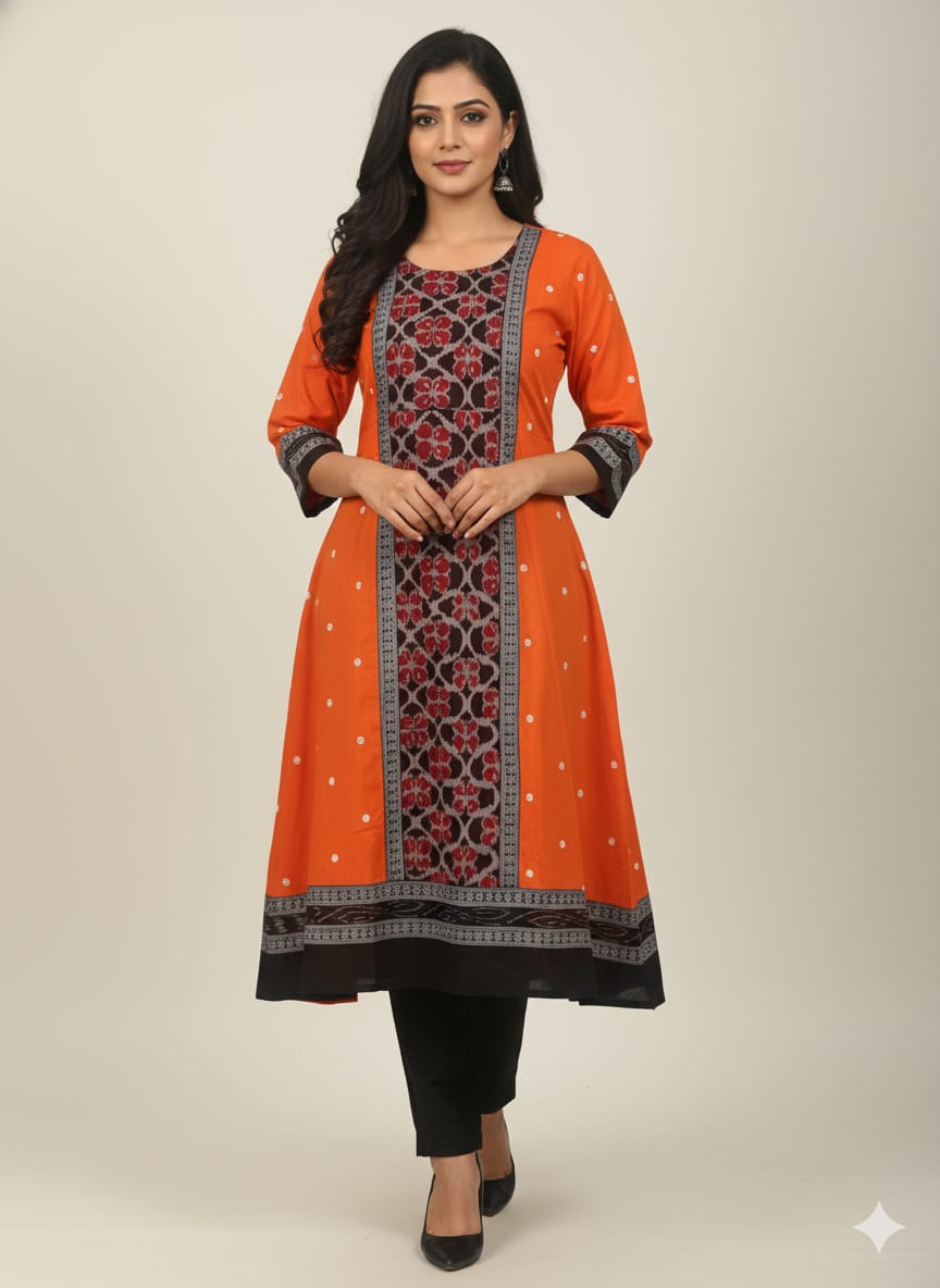 Orange Black Body Buti Flower Designer A-Line Anarkali