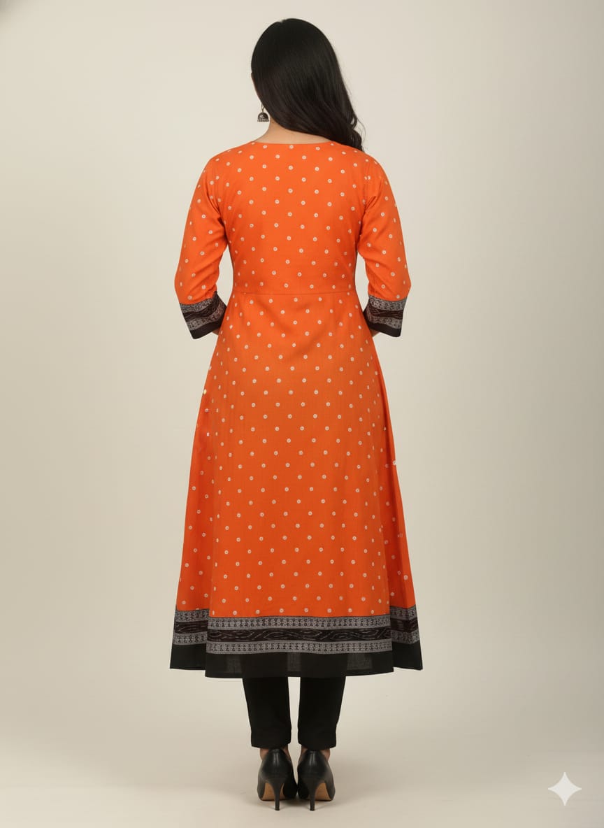 Orange Black Body Buti Flower Designer A-Line Anarkali