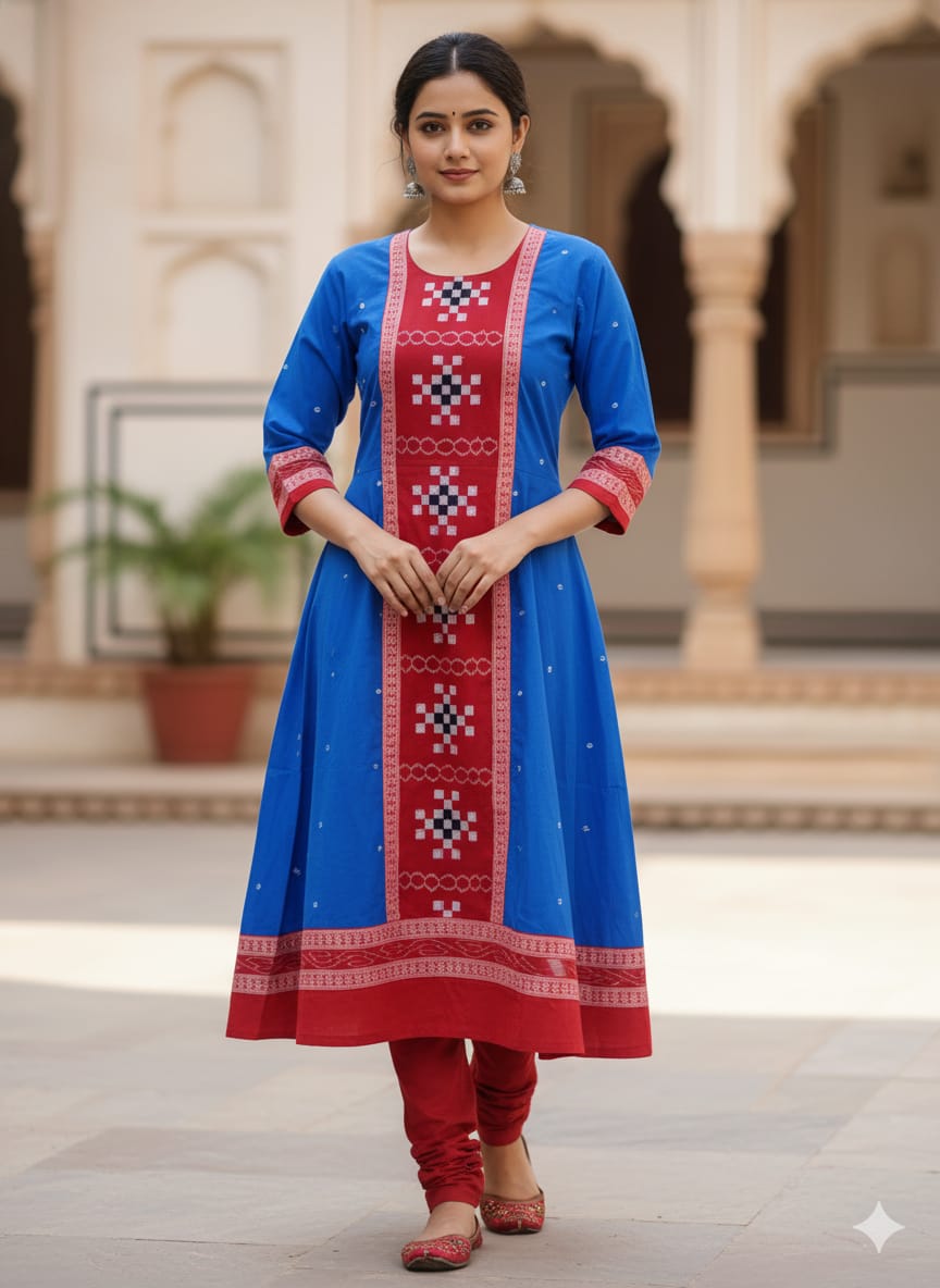 Blue Red Body Buti Pasapali Designer A-Line Anarkali