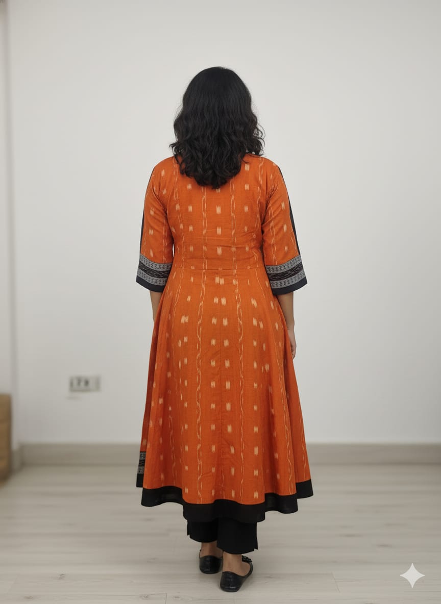 Orange Black Pasapali With Flower Designer A-Line Anarkali