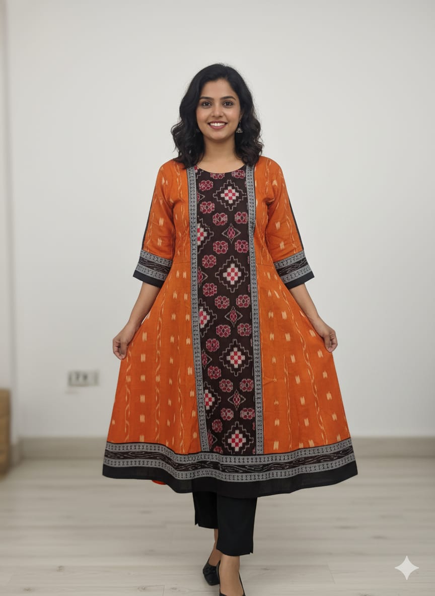 Orange Black Pasapali With Flower Designer A-Line Anarkali