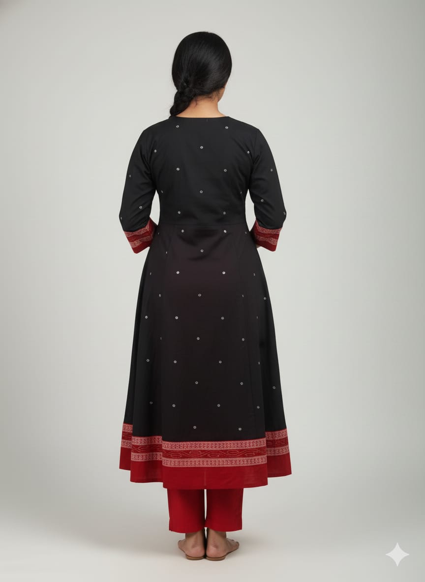 Black Red Body Buti Pasapali Designer A-Line Anarkali
