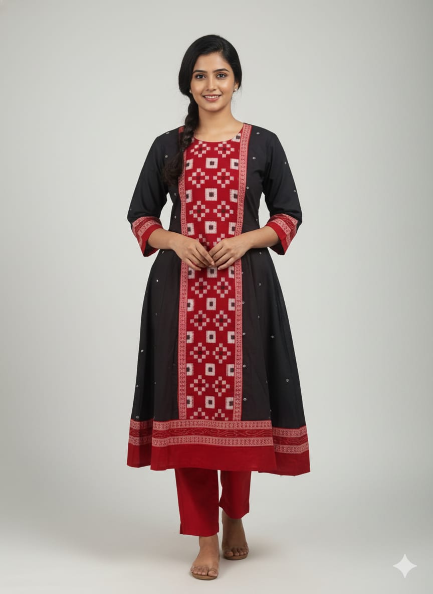 Black Red Body Buti Pasapali Designer A-Line Anarkali