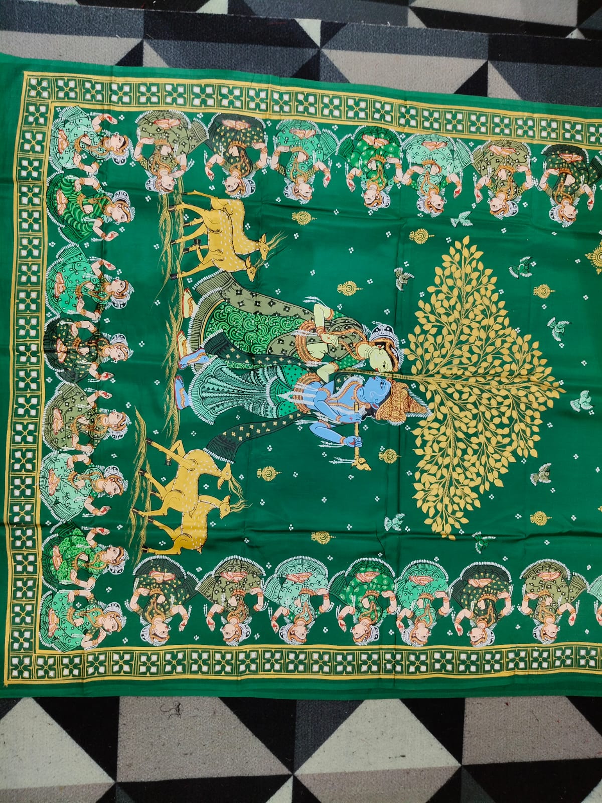 Green Radha Krishna Rasa Theme Pattachitra Khadi Silk Saree