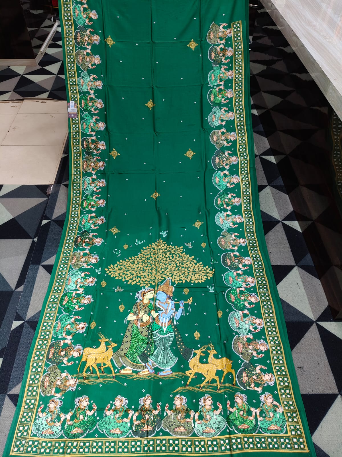 Green Radha Krishna Rasa Theme Pattachitra Khadi Silk Saree