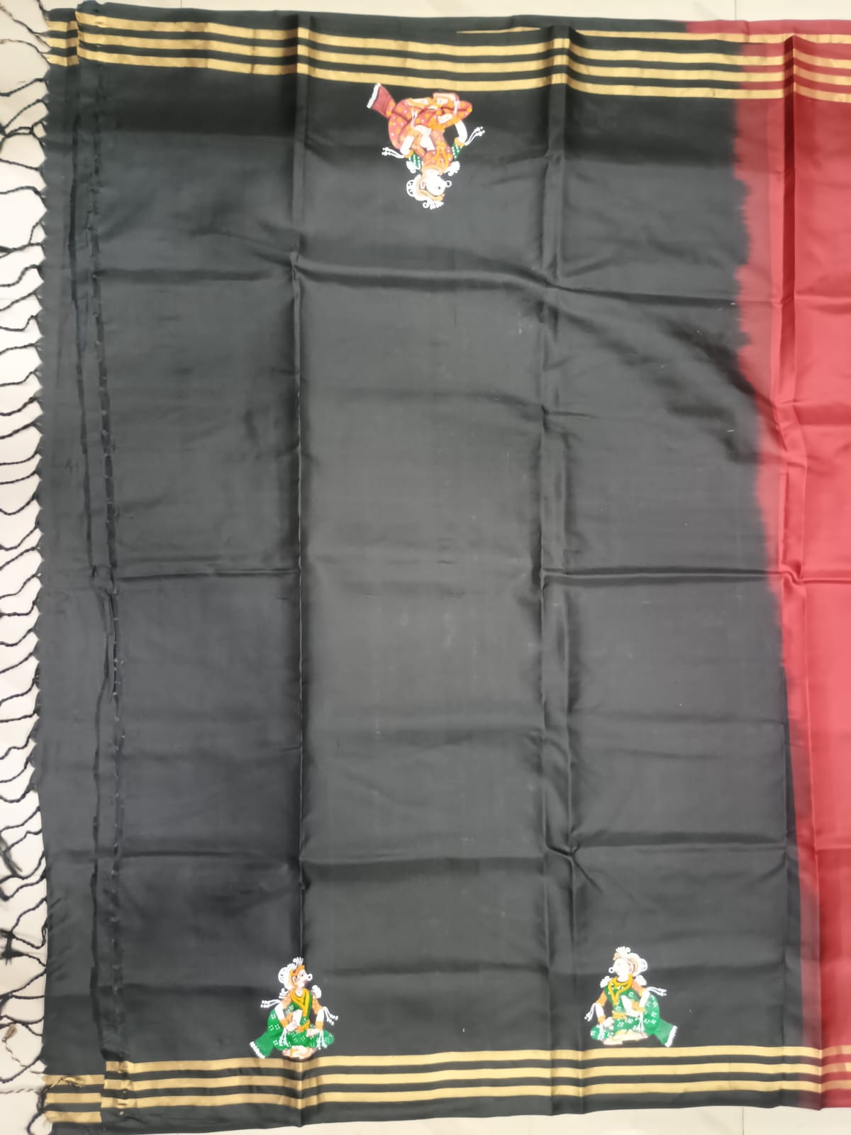 Maroon Black Big Box Boita Theme Pattachitra Kanjeeveram Silk Saree