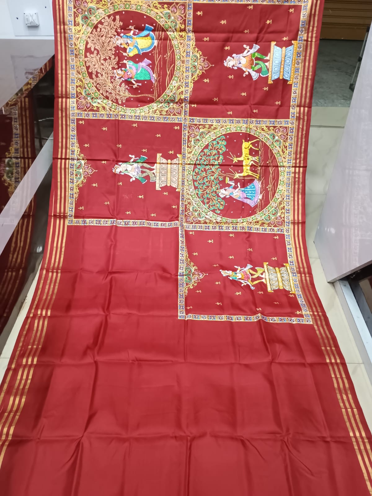 Maroon Black Big Box Boita Theme Pattachitra Kanjeeveram Silk Saree