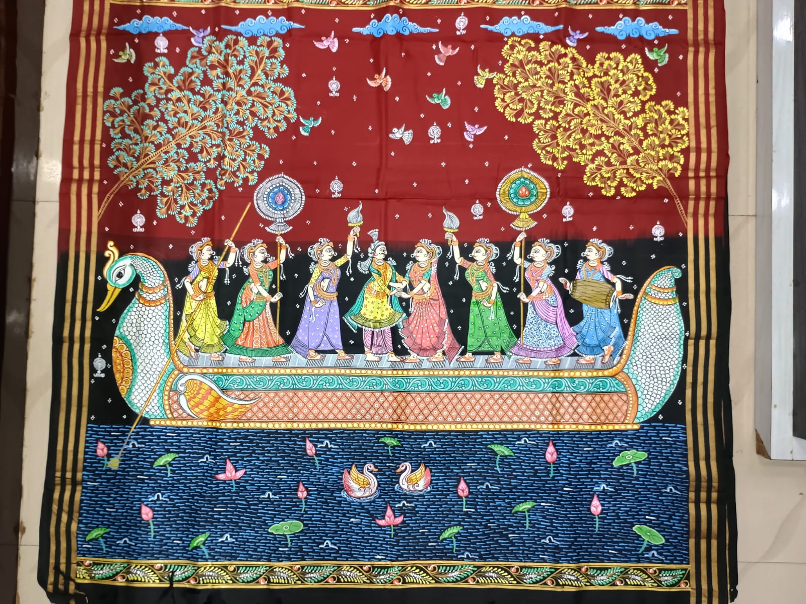 Maroon Black Big Box Boita Theme Pattachitra Kanjeeveram Silk Saree