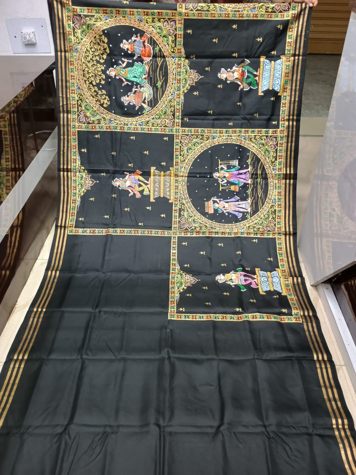 Black Yellow Big Box Boita Theme Pattachitra Kanjeeveram Silk Saree