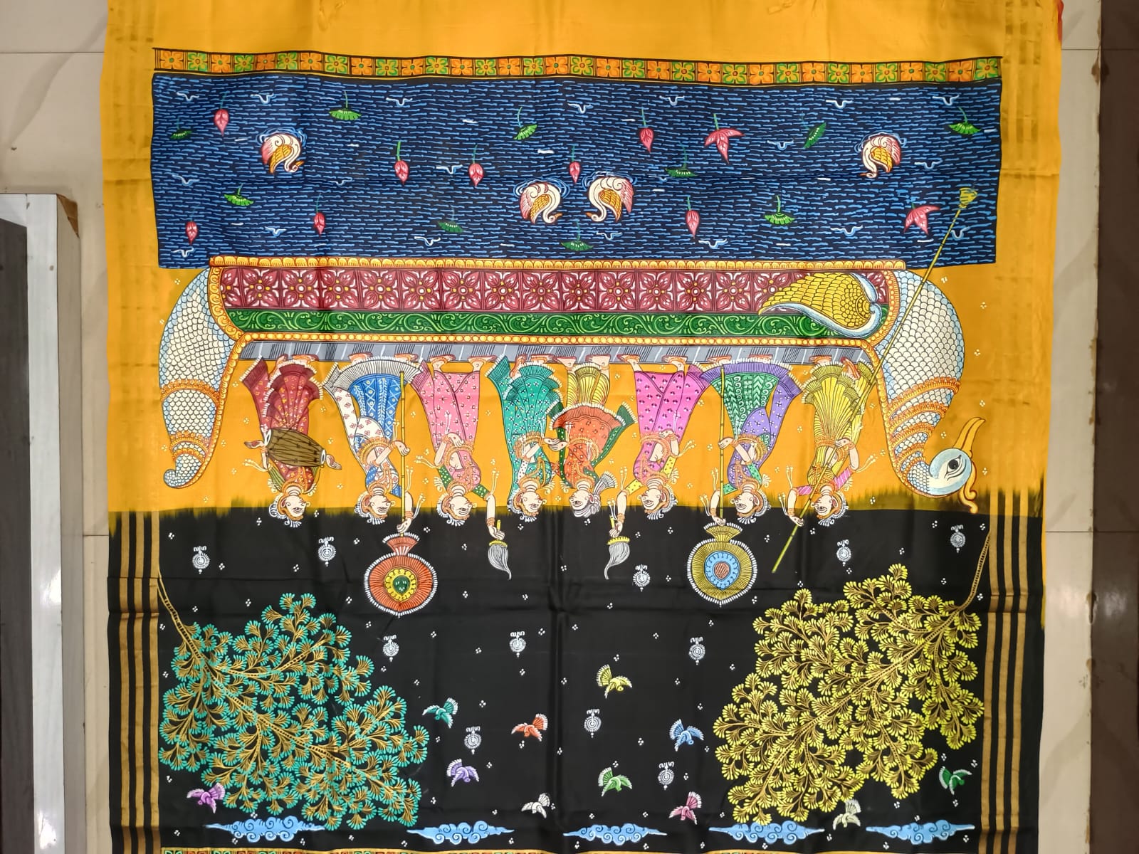 Black Yellow Big Box Boita Theme Pattachitra Kanjeeveram Silk Saree