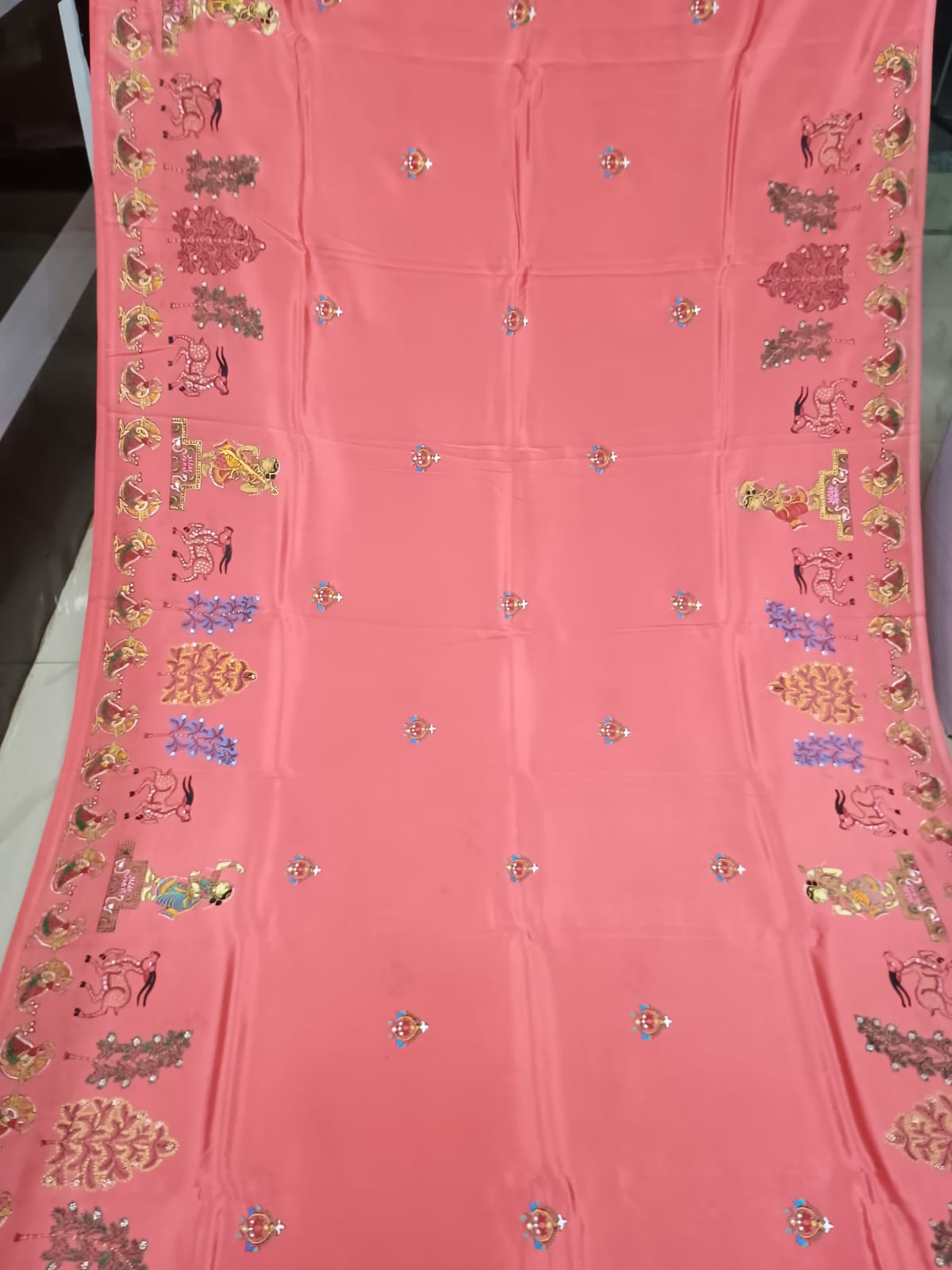 Peach Sakhi Rasa Theme Pattachitra Khadi Silk Saree