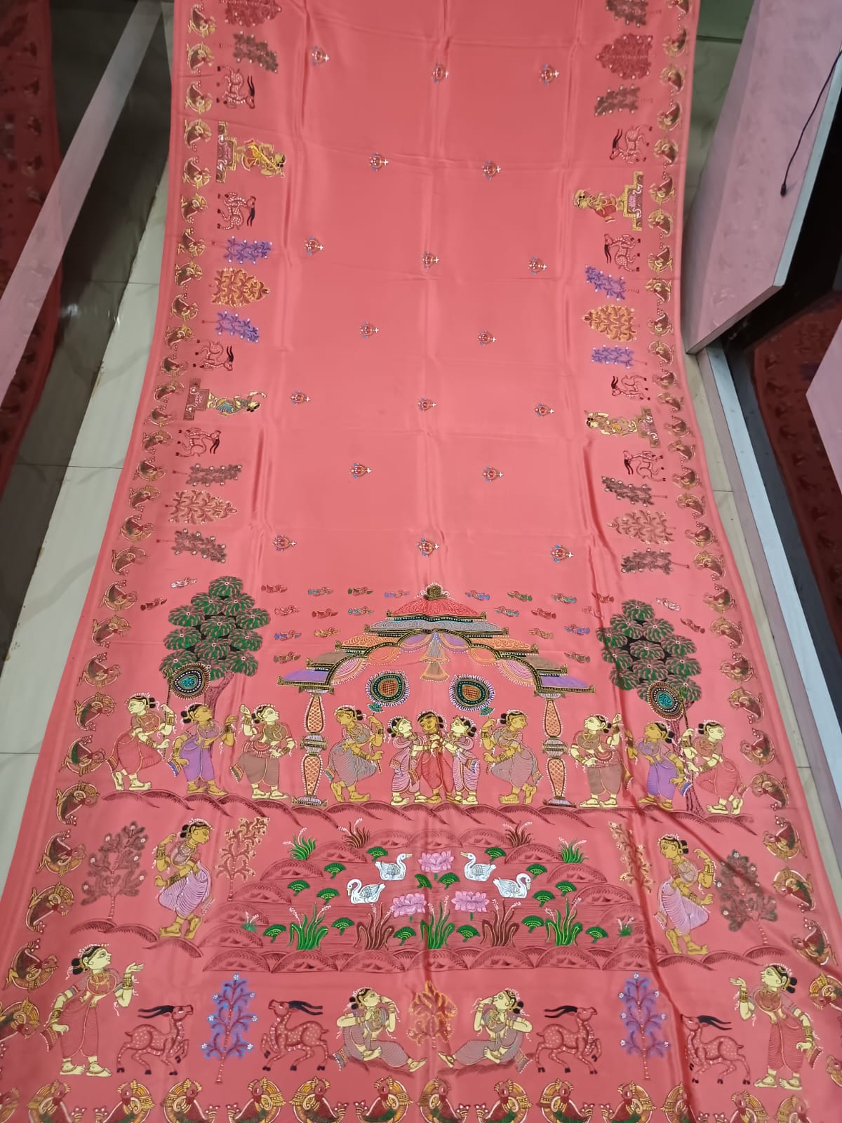 Peach Sakhi Rasa Theme Pattachitra Khadi Silk Saree