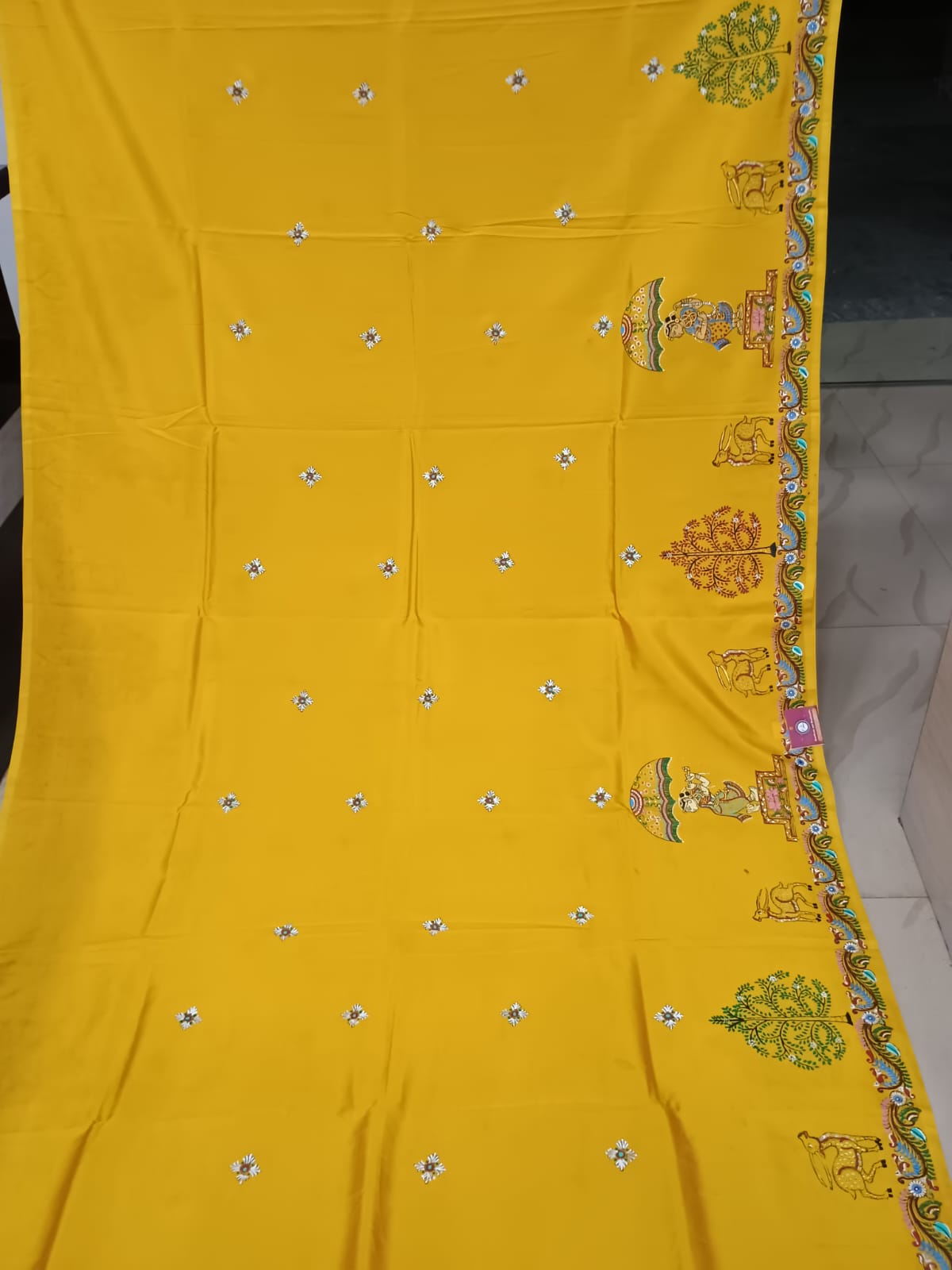 Yellow Dance Theme Pattachitra Khadi Silk Saree