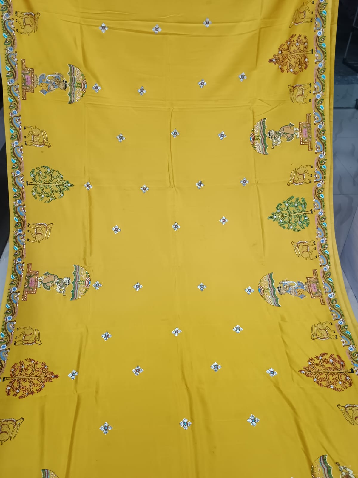 Yellow Dance Theme Pattachitra Khadi Silk Saree
