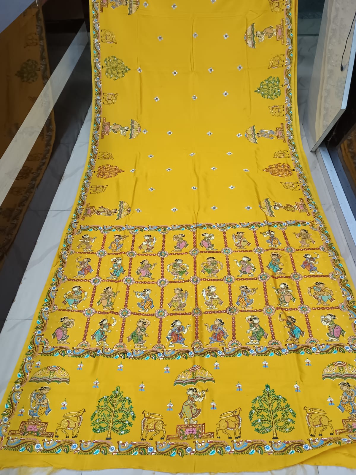 Yellow Dance Theme Pattachitra Khadi Silk Saree
