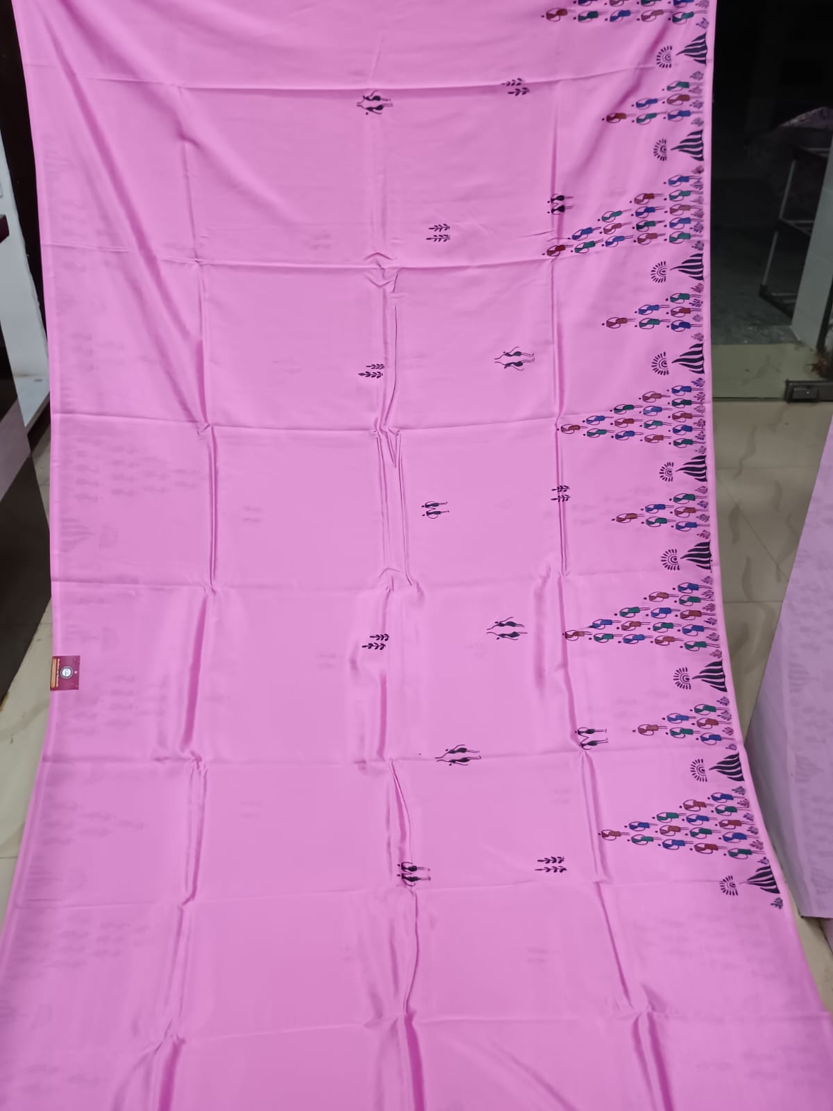 Pink Konark Wheel Tribal Theme Pattachitra Khadi Silk Saree