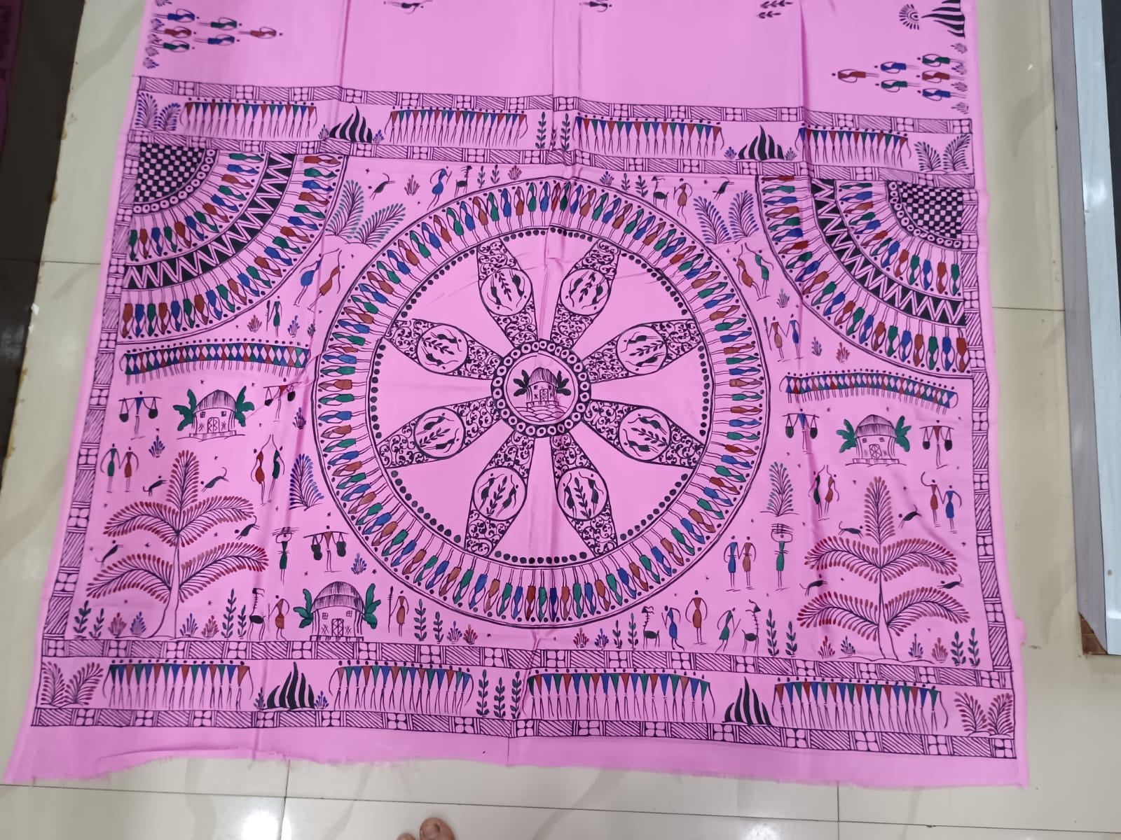 Pink Konark Wheel Tribal Theme Pattachitra Khadi Silk Saree