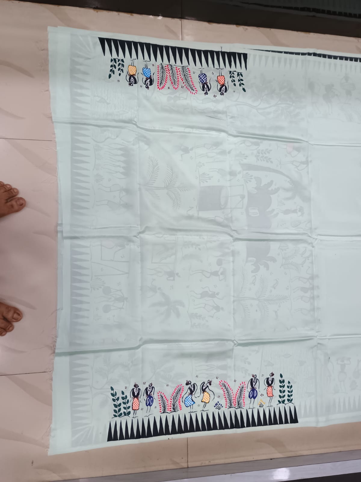 Aqua Tribal Family Theme Pattachitra Khadi Silk Saree