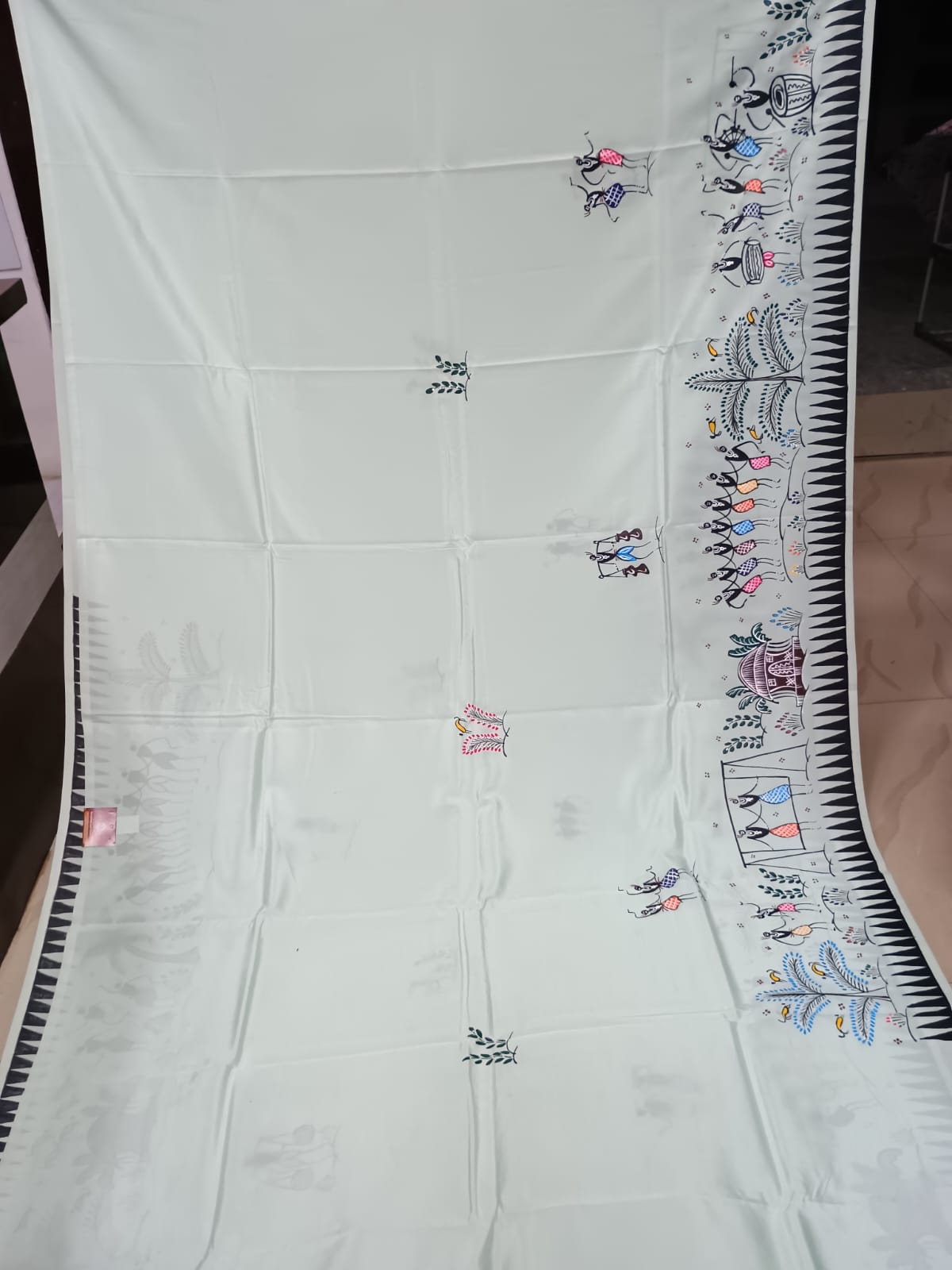 Aqua Tribal Family Theme Pattachitra Khadi Silk Saree