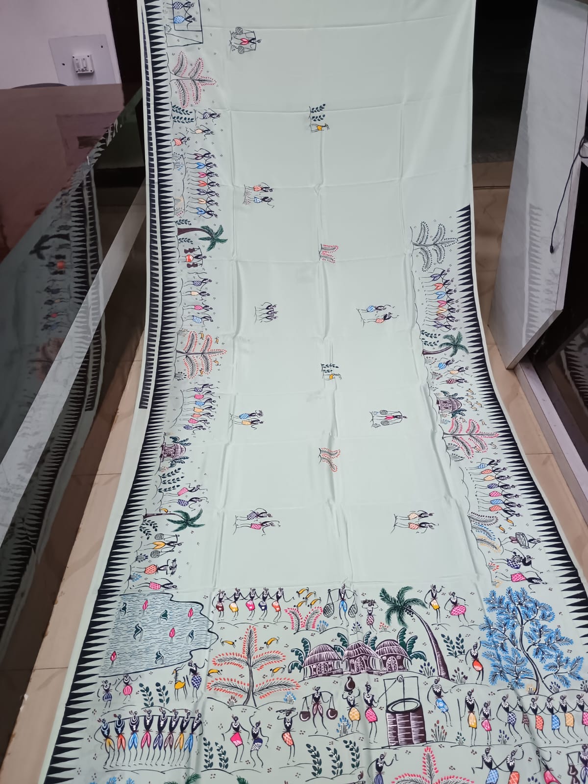 Aqua Tribal Family Theme Pattachitra Khadi Silk Saree