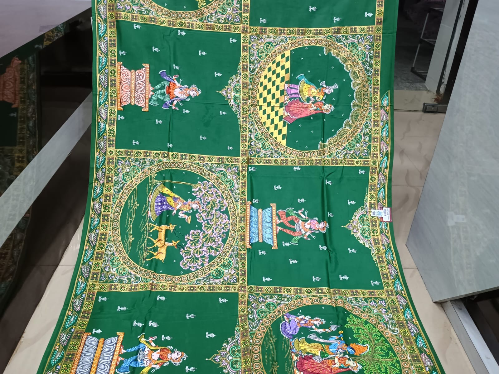 Green Big Box Theme Pattachitra Khadi Silk Saree