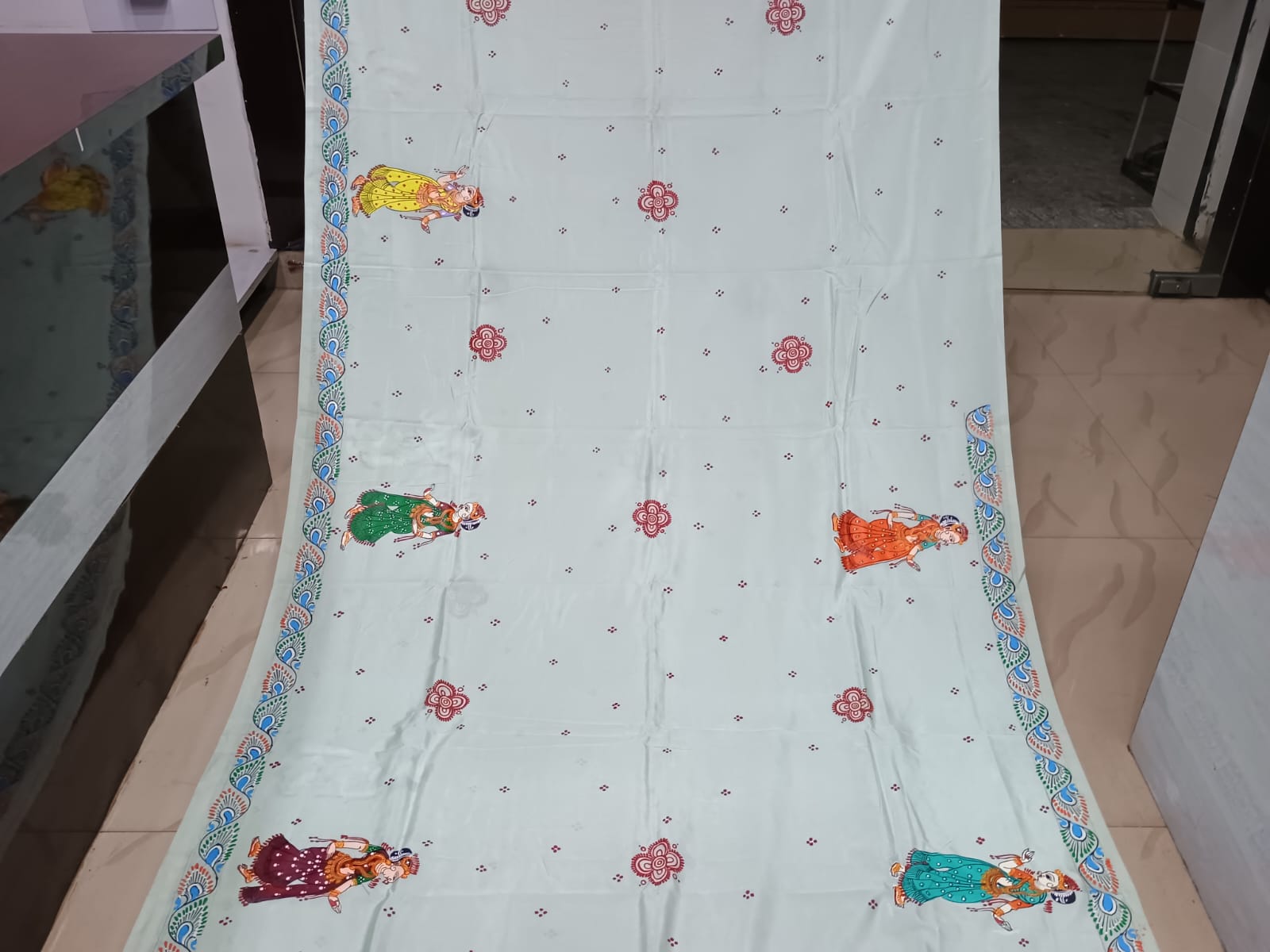 Aqua Radha Krishna Rasa Theme Pattachitra Khadi Silk Saree