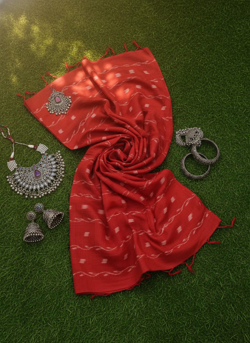 Red Lata Design Ikat Nuapatna Fabrics
