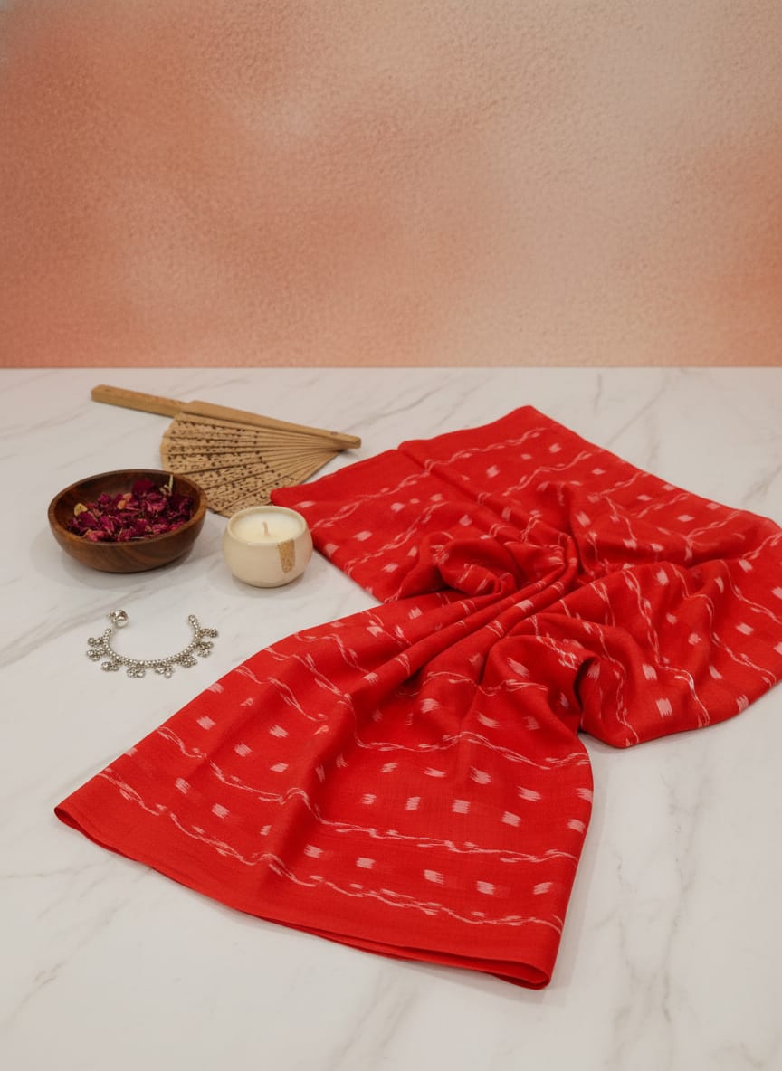 Red Lata Design Ikat Nuapatna Fabrics