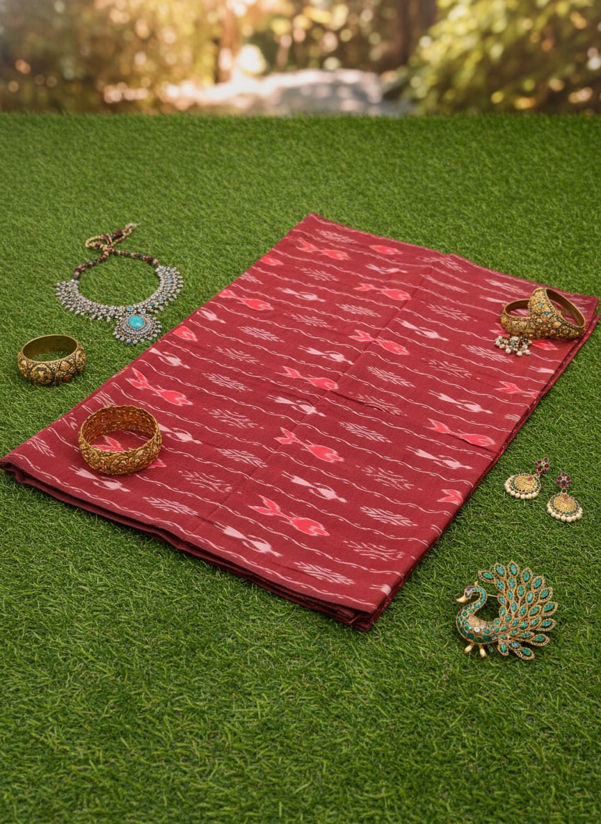 Maroon Fish Design Ikat Nuapatna Fabrics