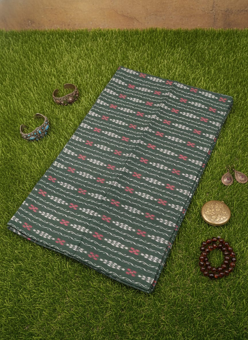 Dark Green Flower And Pasapali Design Ikat Nuapatna Fabrics