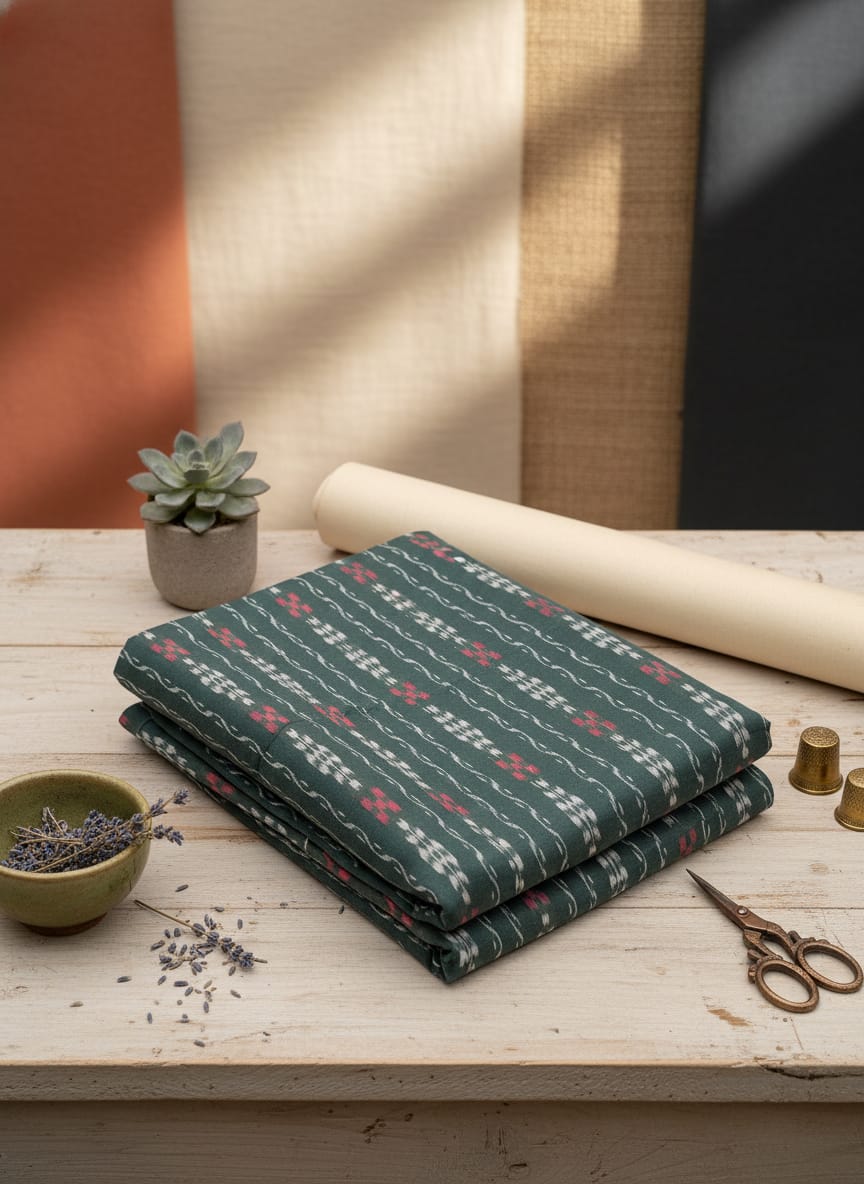 Dark Green Flower And Pasapali Design Ikat Nuapatna Fabrics