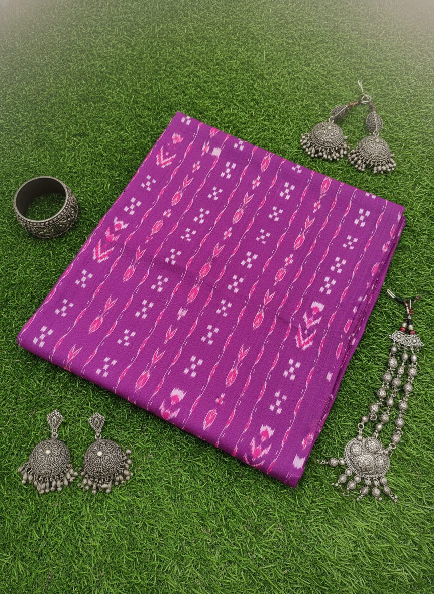 Magenta Fish And Pasapali Design Ikat Nuapatna Fabrics