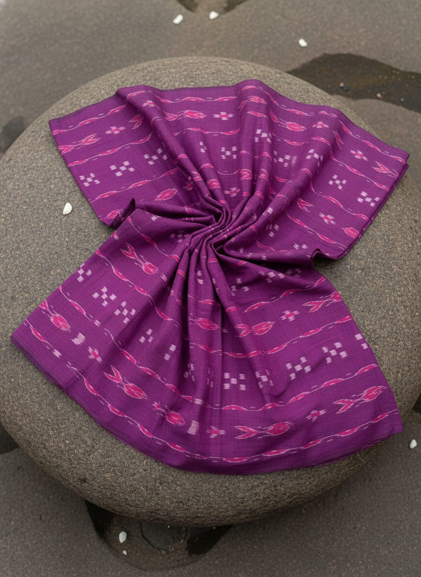 Magenta Fish And Pasapali Design Ikat Nuapatna Fabrics