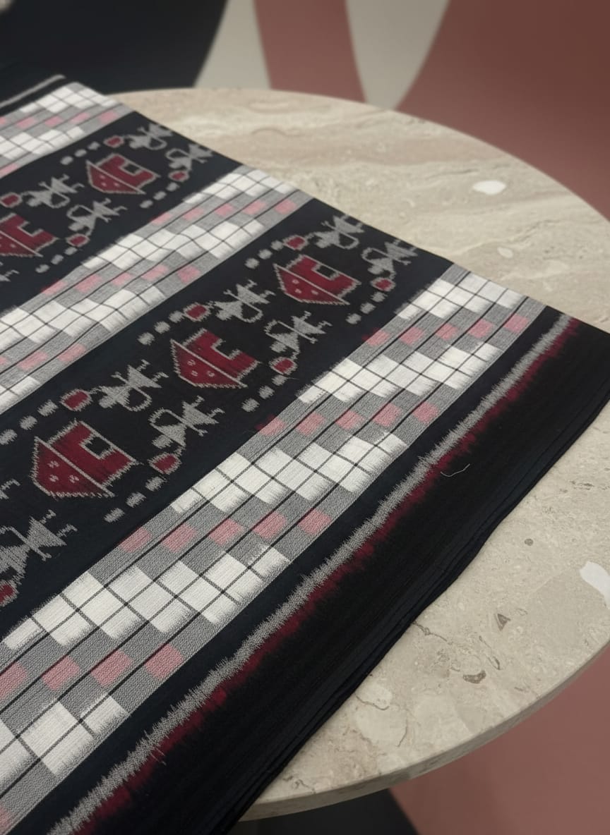 White Black Pasapali And Tribal Ikat Design Sambalpuri Fabrics