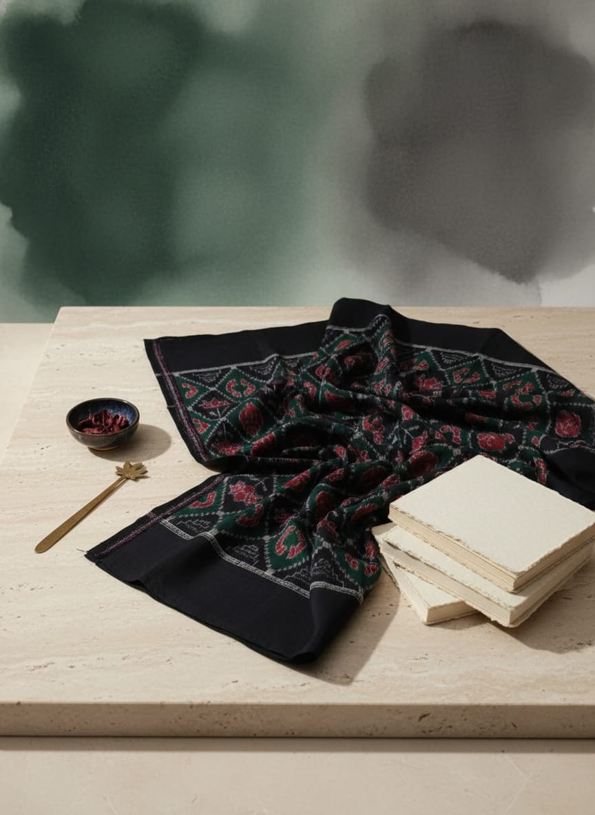 Black Green Lotus And Sankha Design Sambalpuri Fabrics