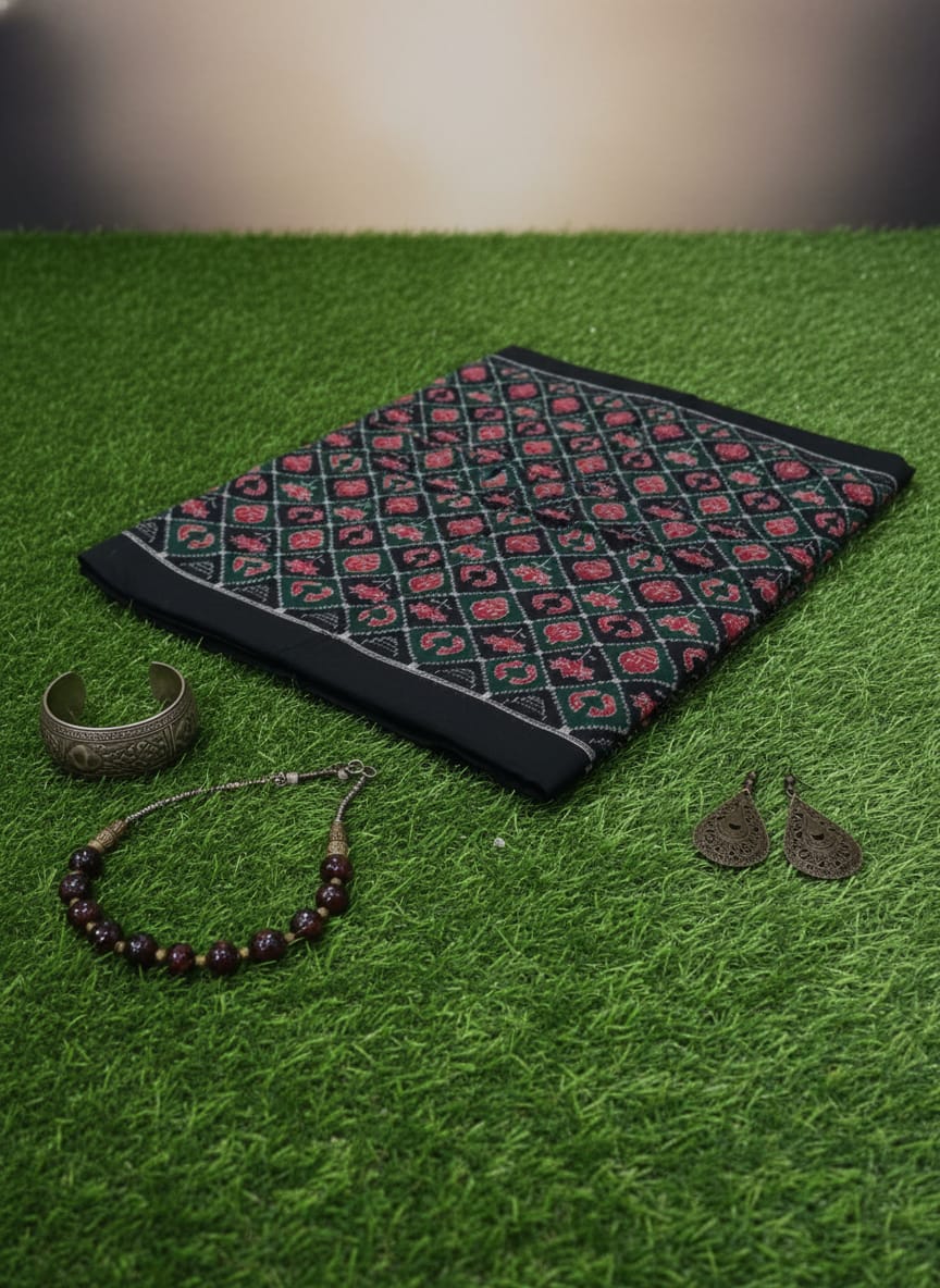 Black Green Lotus And Sankha Design Sambalpuri Fabrics