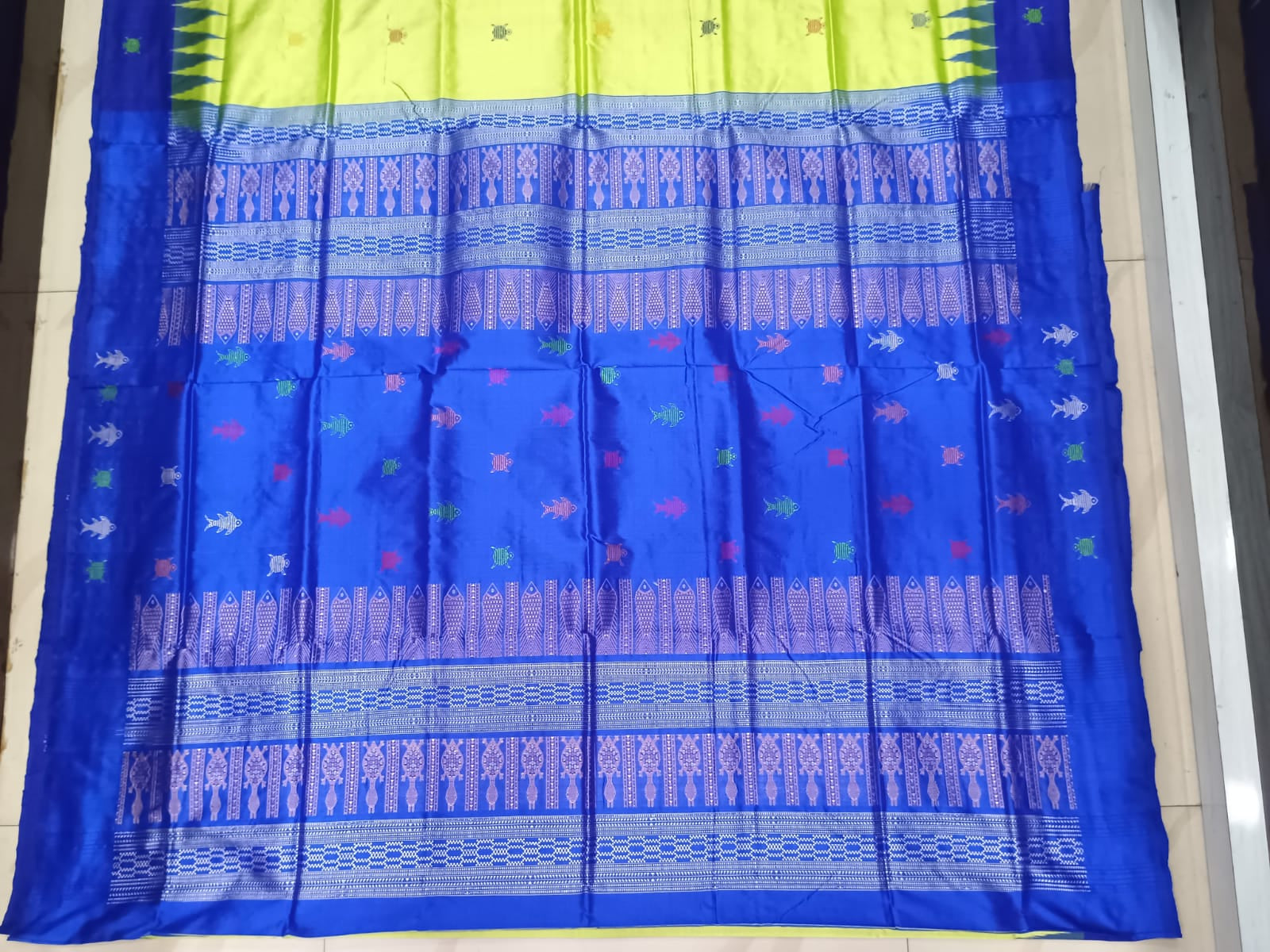 Lime Green Blue  Mastya Kachhap Bomkai Silk Saree