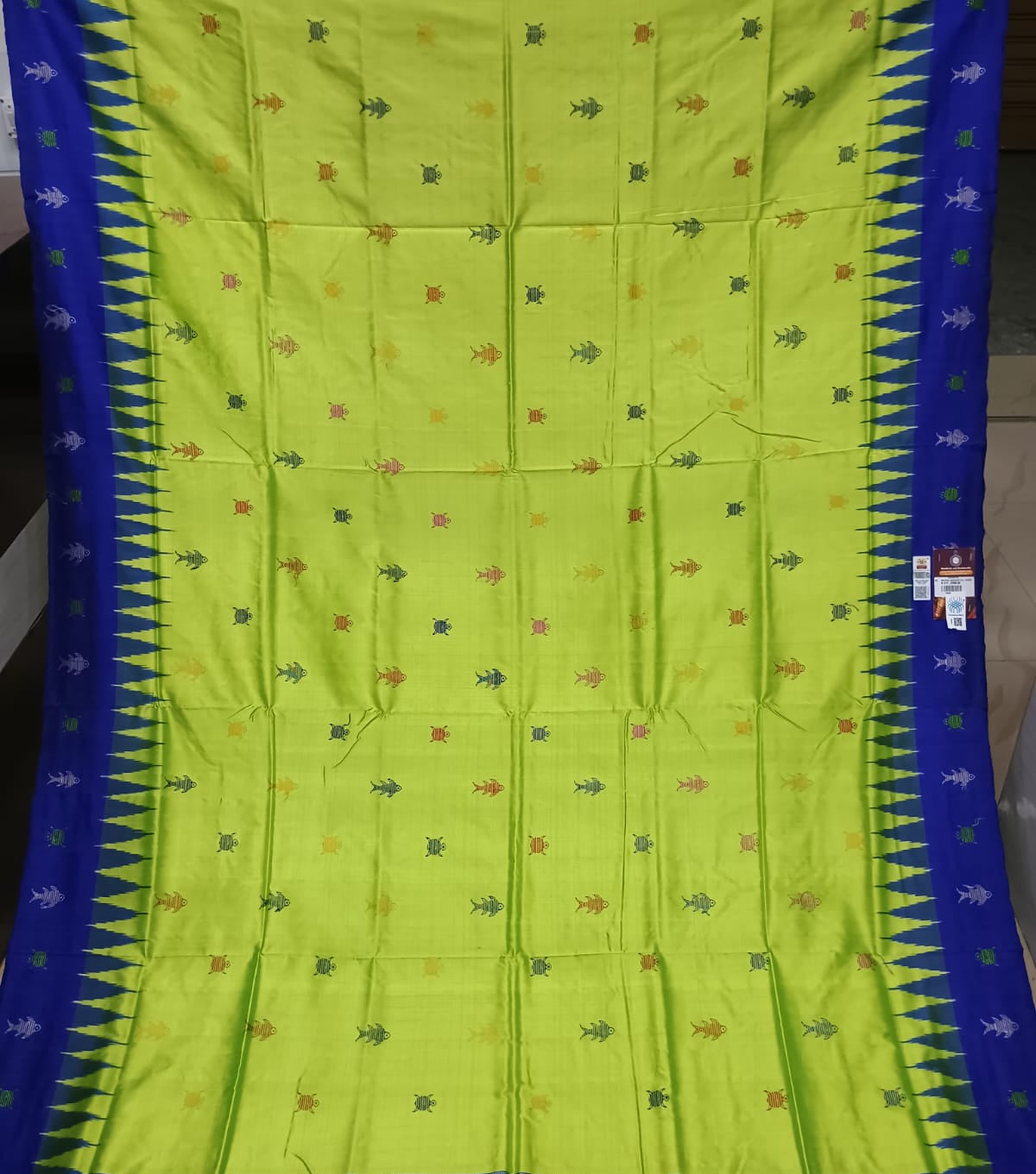 Lime Green Blue  Mastya Kachhap Bomkai Silk Saree