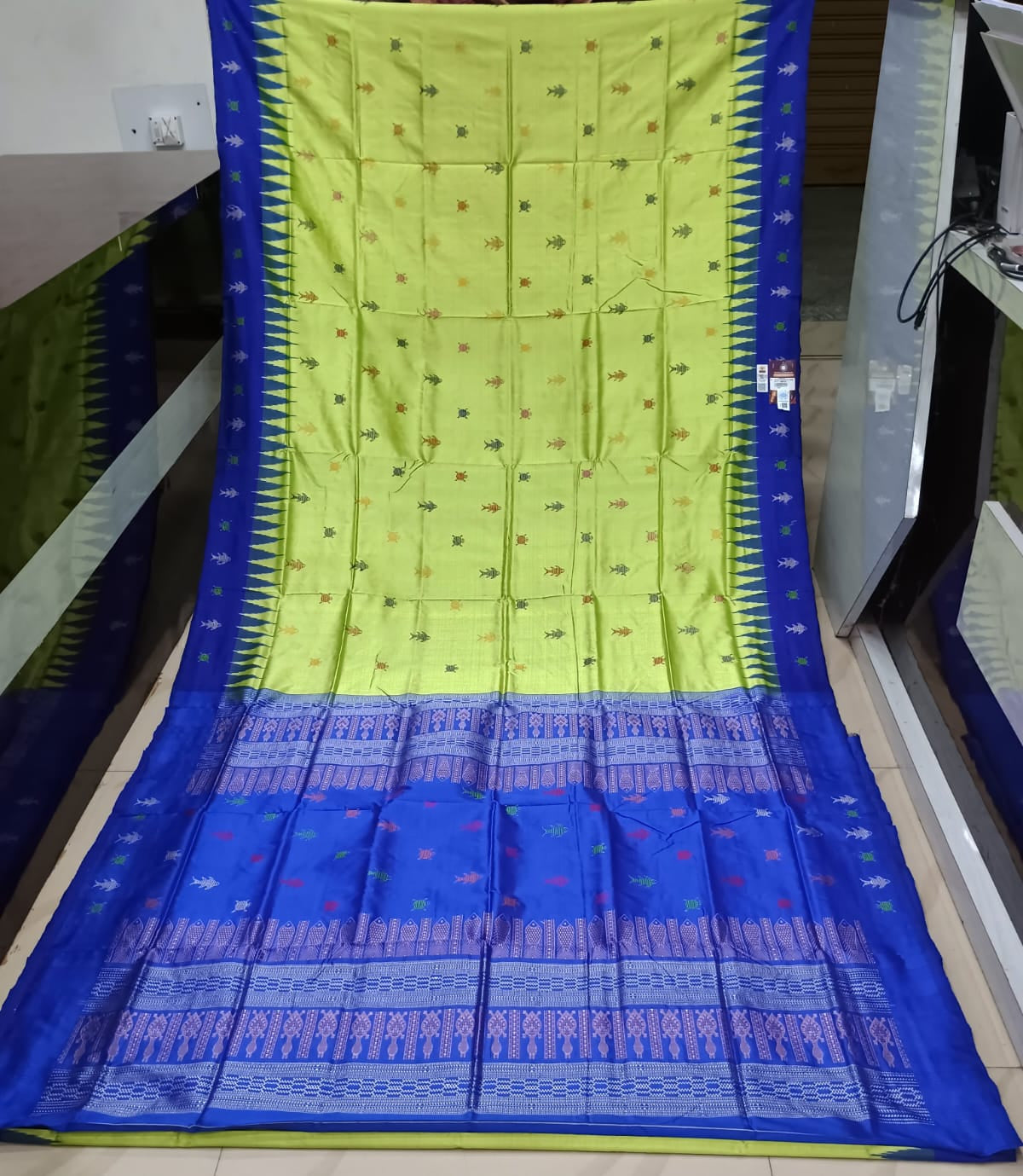 Lime Green Blue  Mastya Kachhap Bomkai Silk Saree