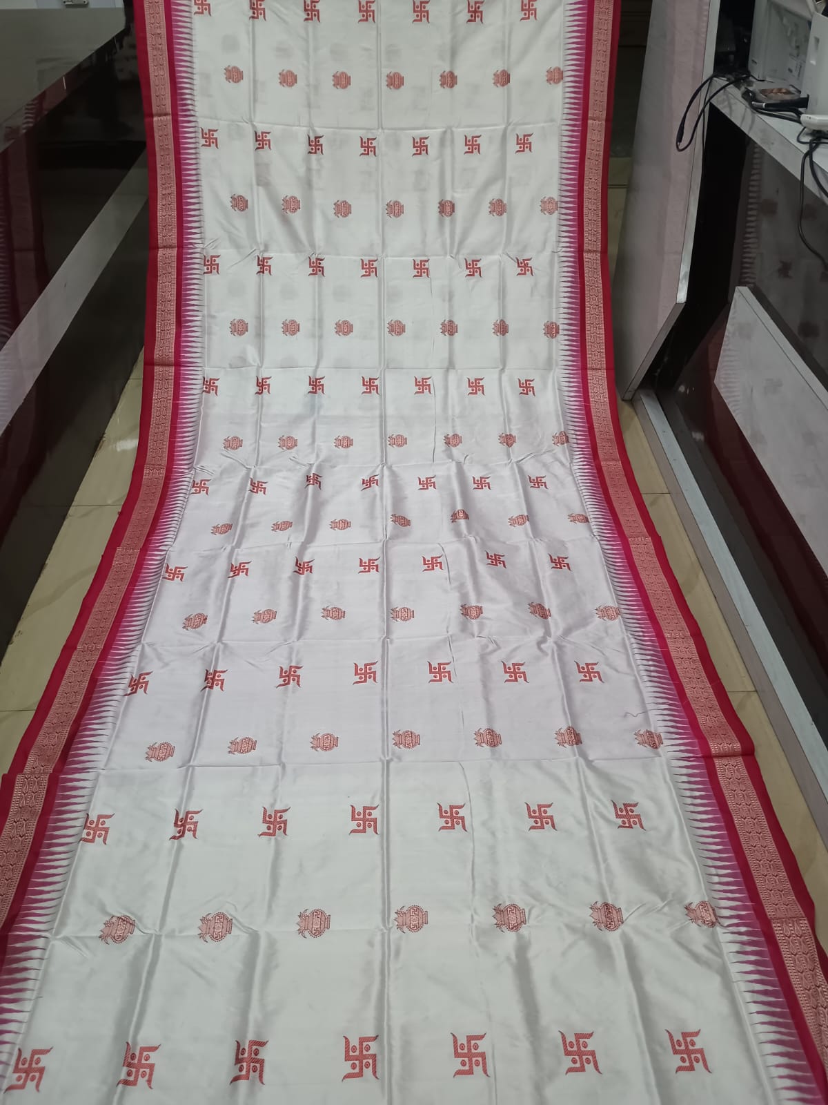 White Magenta Swastik Kalash Silk Saree