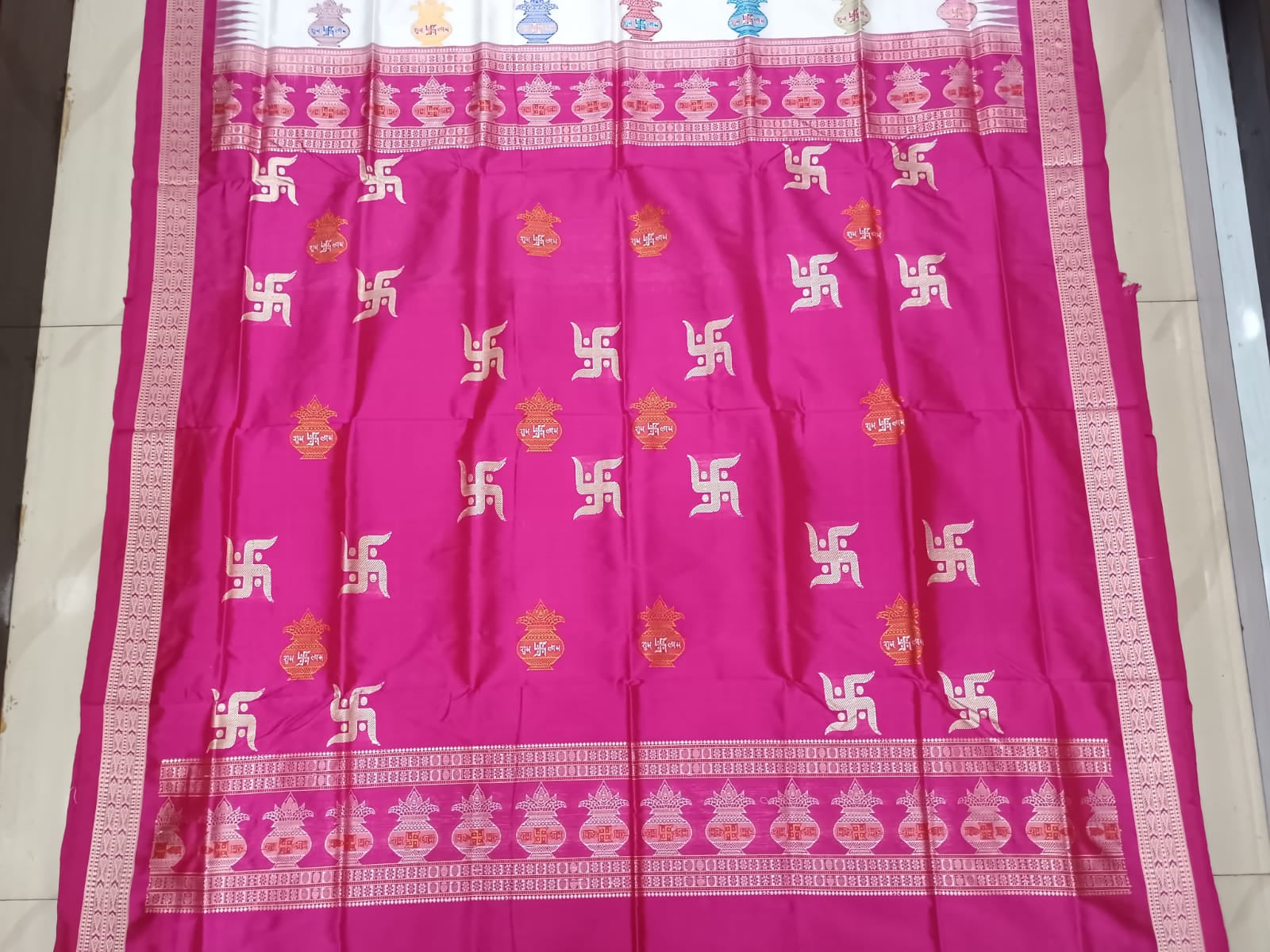 White Magenta Swastik Kalash Silk Saree