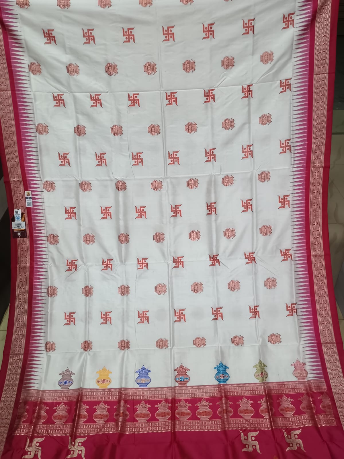 White Magenta Swastik Kalash Silk Saree